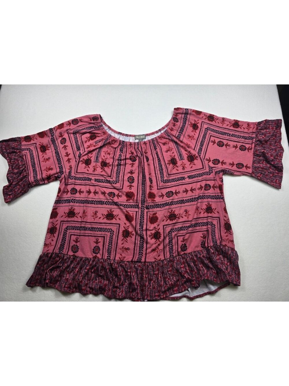 Style & Co Womens 3X Pink Boho Floral Print Peasant Top With Ruffle Hem